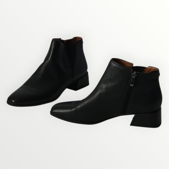 Franco Sarto Women’s Black Leather Ankle Boots 8M EU38 Square Toe Low Block - Picture 1 of 11